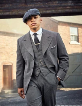 Men's Gray Three Button Peaky Blinder Suit - Peaky Blinders Outfits + Overcoat + Hat (Peaky Blinder Custome)