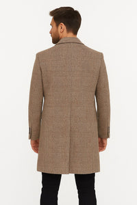 Mens Gray and Light Brown Glen Plaid Wool Overcoat – Double-Breasted Vintage Check Coat - Image 2