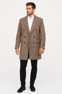 Mens Gray and Light Brown Glen Plaid Wool Overcoat – Double-Breasted Vintage Check Coat