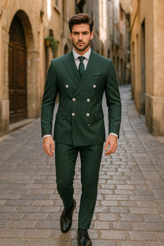 Mens Green Pinstripe Double-Breasted Suit – Slim Fit 2 Piece Formal Business Suit with Peak Lapel 1920s Gangster Pinstripe - Image 3