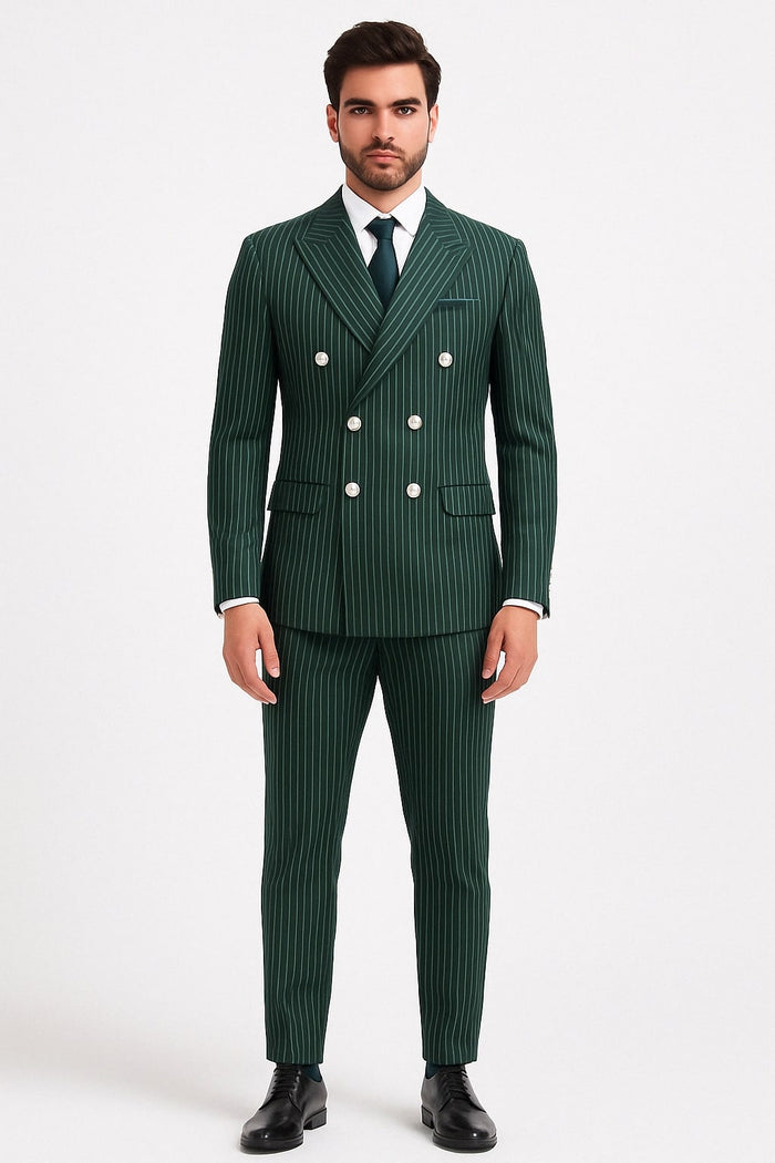 Mens Green Pinstripe Double-Breasted Suit – Slim Fit 2 Piece Formal Business Suit with Peak Lapel 1920s Gangster Pinstripe