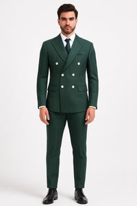Mens Green Pinstripe Double-Breasted Suit – Slim Fit 2 Piece Formal Business Suit with Peak Lapel 1920s Gangster Pinstripe