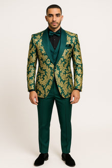 Mens Green and Gold Embroidered Tuxedo – 3-Piece Prom Suit