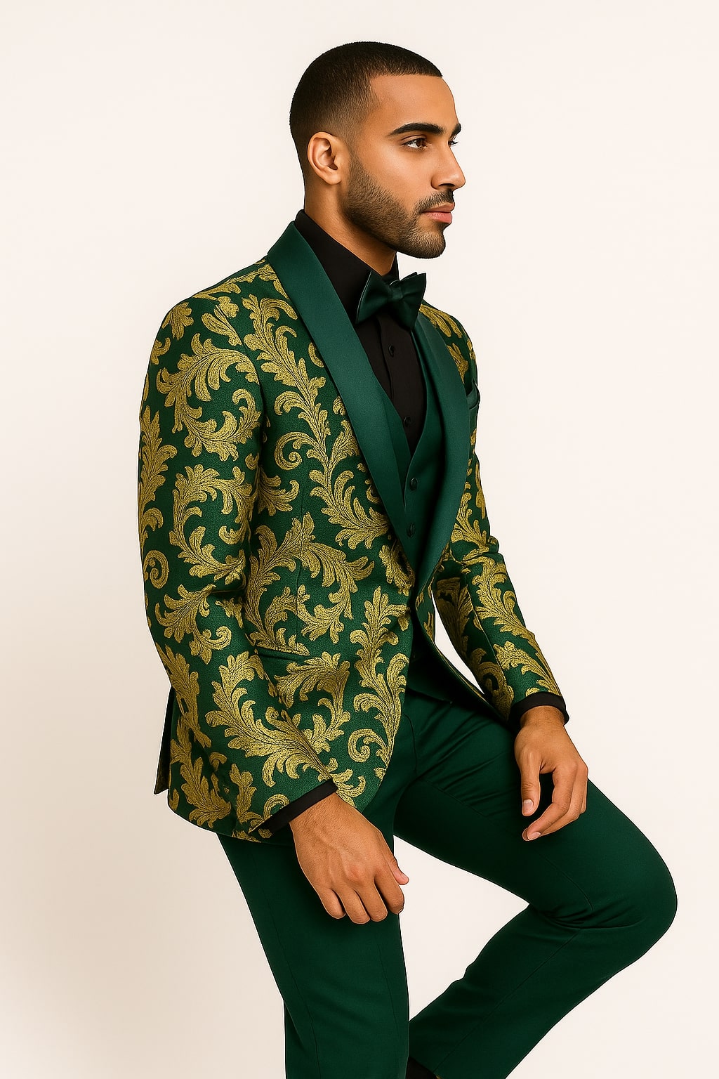 Mens Green and Gold Embroidered Tuxedo – 3-Piece Prom Suit - Image 2