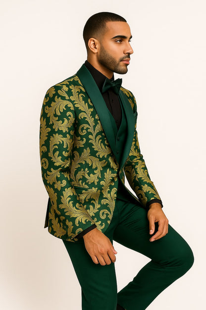 Mens Green and Gold Embroidered Tuxedo – 3-Piece Prom Suit - Image 2