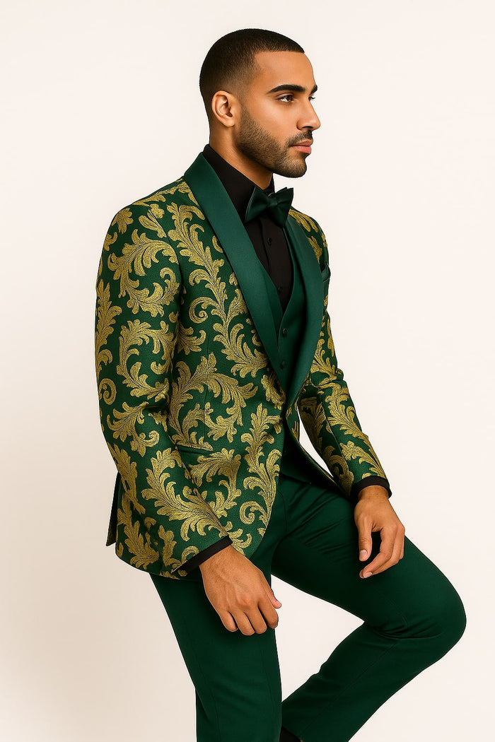 Mens Green and Gold Embroidered Tuxedo – 3-Piece Prom Suit - Image 2