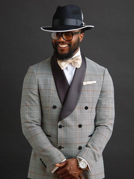 Men's Grey Double Breasted Button Closure Shawl Collar Suit