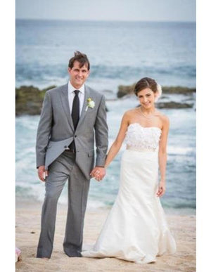 Men's Grey Flap Two Pockets Beach Wedding Attire Suit Menswear