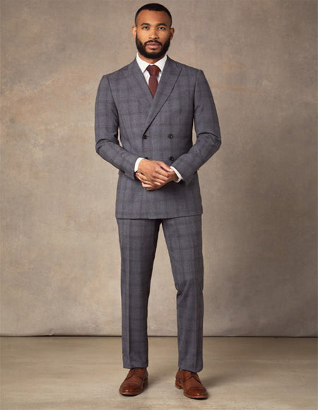 Men's Grey Tonal Prince of Wales Plaid Double Breasted Suits Extra Slim Fit Suit