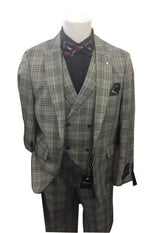 Men's Grey Two Button Closure Plaid Pattern Peak Lapel Jacket