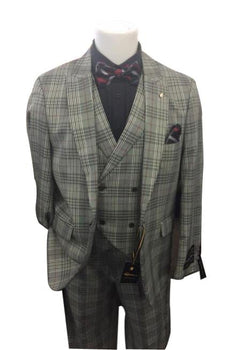 Men's Grey Two Button Closure Plaid Pattern Peak Lapel Jacket