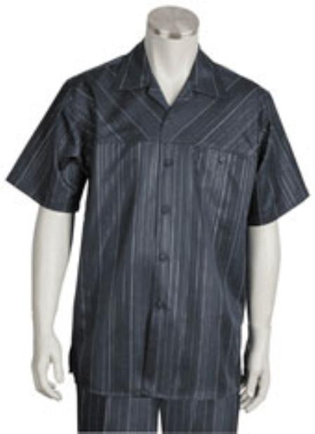 Men's Five Button Closure Spread Collar Short Sleeve and Striped Pattern Suit