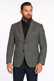 Mens Grey and Blue Glen Check Wool Blazer with Quilted Inner Layer