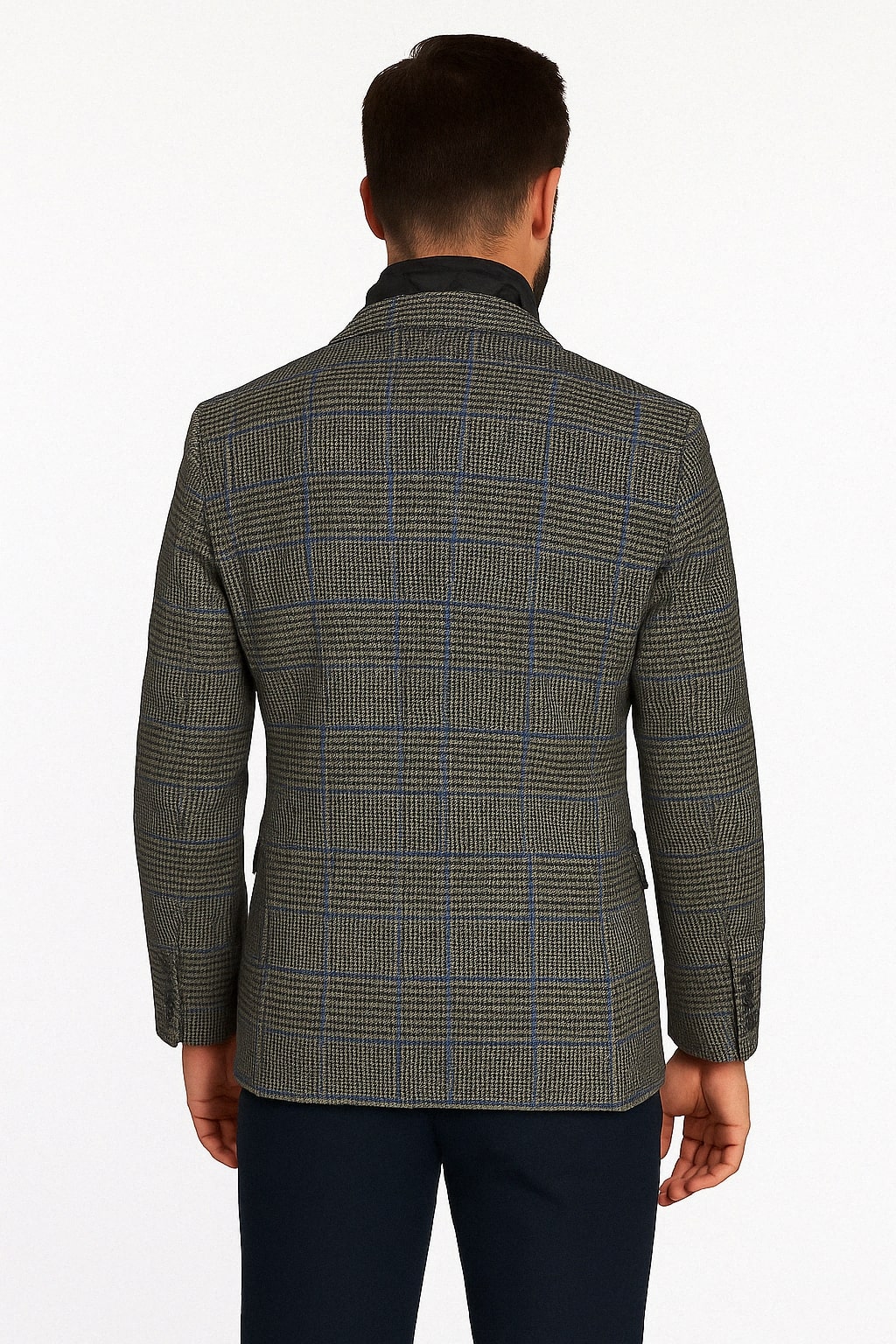 Mens Grey and Blue Glen Check Wool Blazer with Quilted Inner Layer - Image 2