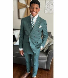 Mens Hunter Green - Olive Green Double Breasted Pinstripe Suit - Flat Front Pants
