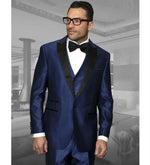 Men'S 3 Piece Wool Tuxedo 1 Button Vested Peak Lapel Dinner Jacket Indigo ~ Bright Blue