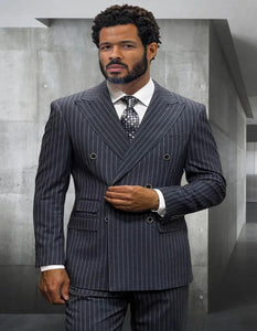 Mens Italian Wool Suit Color Charcoal Grey - Men's Designer Classic Fit Double Breasted Wool Pinstripe Charcoal Grey Suit