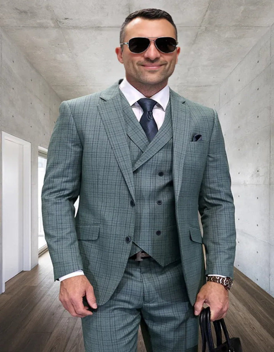 Mens Italian Wool Suit Color Green - Men's Two Button Modern Fit Wool Sage Green Plaid with Double Breasted Suit