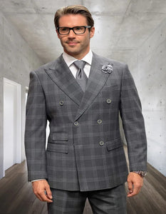 Mens Italian Wool Suit Color Grey - Men's Designer Classic Fit Double Breasted Wool Grey Windowpane Plaid Suit