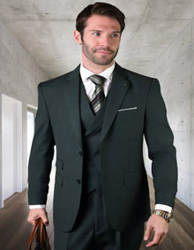 Mens Italian Wool Suit Color Hunter Green  - Men's Designer Classic Fit Pleated Pant Wool Double Breasted Hunter Green Suit