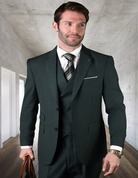 Mens Italian Wool Suit Color Hunter Green - Men's Designer Classic Fit Pleated Pant Wool Double Breasted Hunter Green Suit