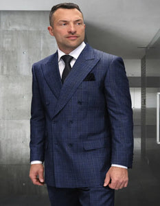 Mens Italian Wool Suit Color Sapphire - Men's Designer Classic Fit Double Breasted Wool Sapphire Blue Suit
