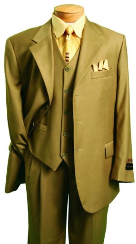 Men's Khaki ~ Bronze Fashion Three Piece Suit 2 Button Style With Flat Front No Pleated Pants