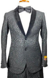 Mens Lace Prom Tuxedo Package in Black w/ Matching Pants and Bowtie