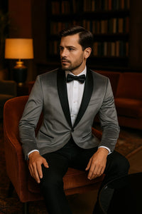 Mens Light Gray Velvet Tuxedo Jacket – Slim Fit Shawl Lapel Formal Blazer + Black Pants Included - Image 3