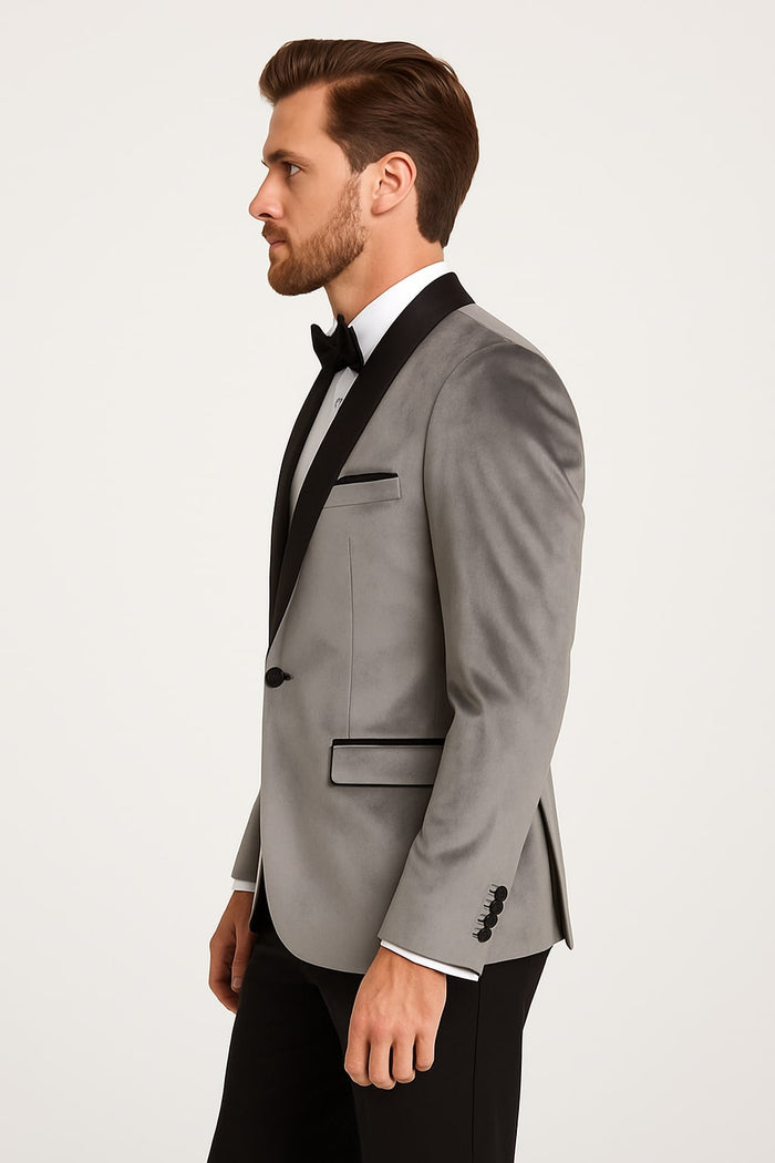 Mens Light Gray Velvet Tuxedo Jacket – Slim Fit Shawl Lapel Formal Blazer + Black Pants Included - Image 2