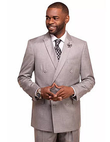 Men's Light Grey Double Breasted 2 Button  Vitali Brand Flat Front Pants Regular Fit Side Vented Suit