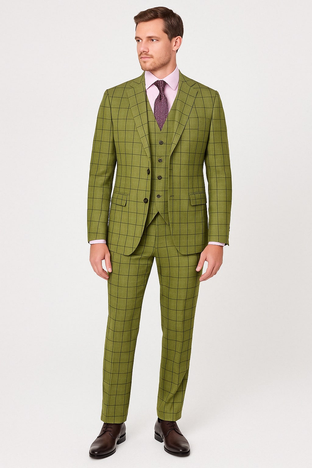 Mens Light Olive Green Three-Piece Plaid Suit with Notch Lapel - Sage ...
