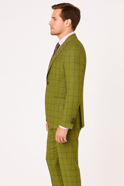 Mens Light Olive Green Three-Piece Plaid Suit with Notch Lapel - Sage Green Windowpane Pattern - Image 2