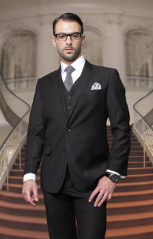 Men's Big And Tall Or Extra Long Tall Vested Three piece 100% Wool Italian Dress Suit Black