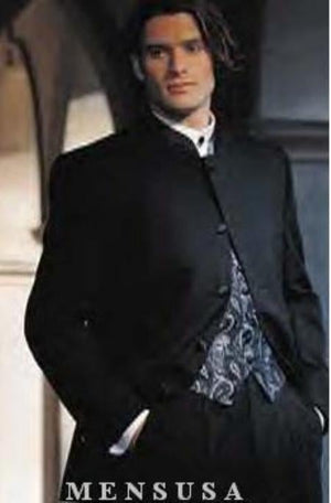 Black pleated Mandarin Banded collarless 5-button trimmed satin Suit