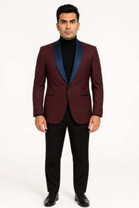 Mens Maroon Tuxedo Jacket with Blue Satin Shawl Lapel – Slim Fit Formal Blazer in Burgundy and Navy Blue