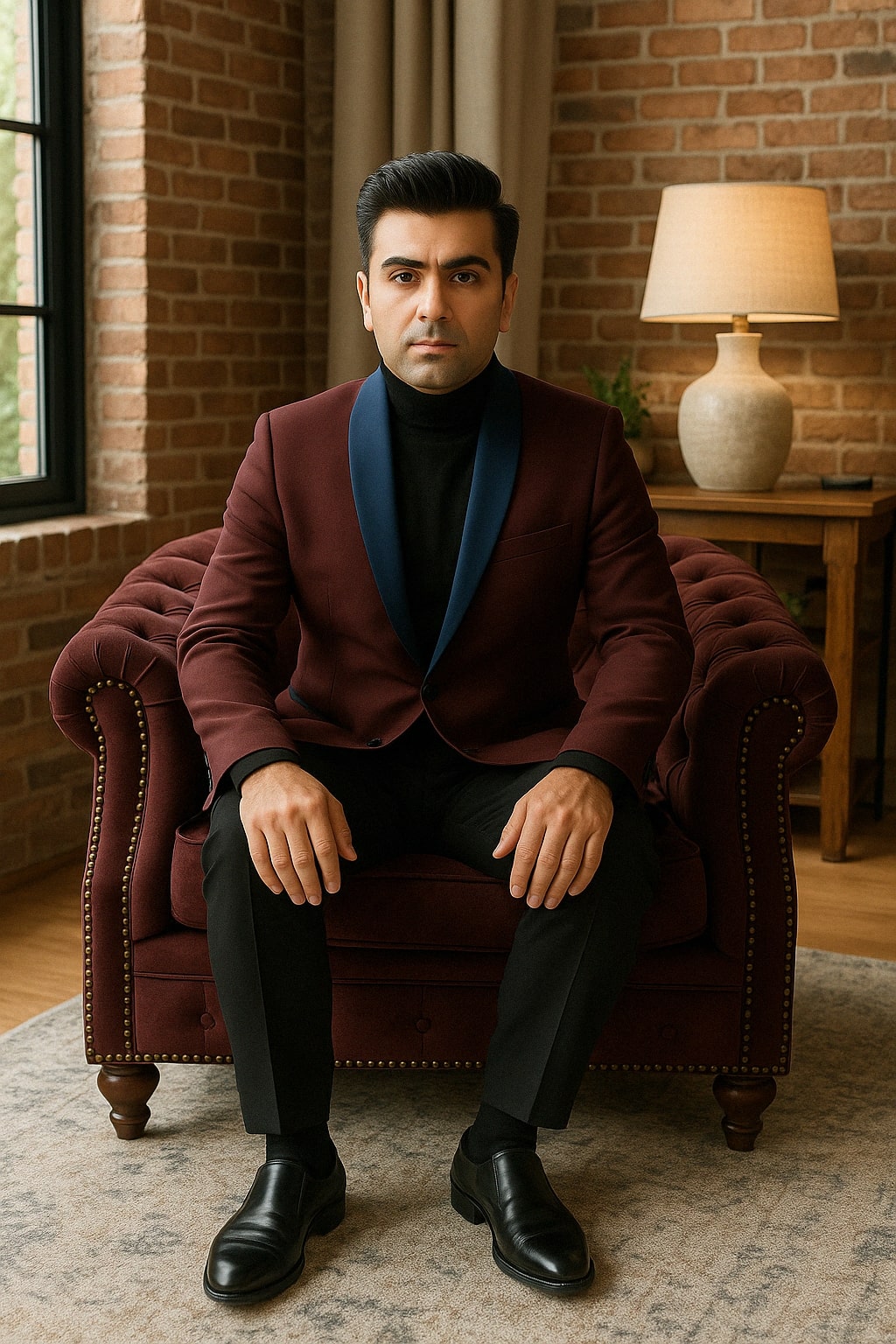 Mens Maroon Tuxedo Jacket with Blue Satin Shawl Lapel – Slim Fit Formal Blazer in Burgundy and Navy Blue - Image 2