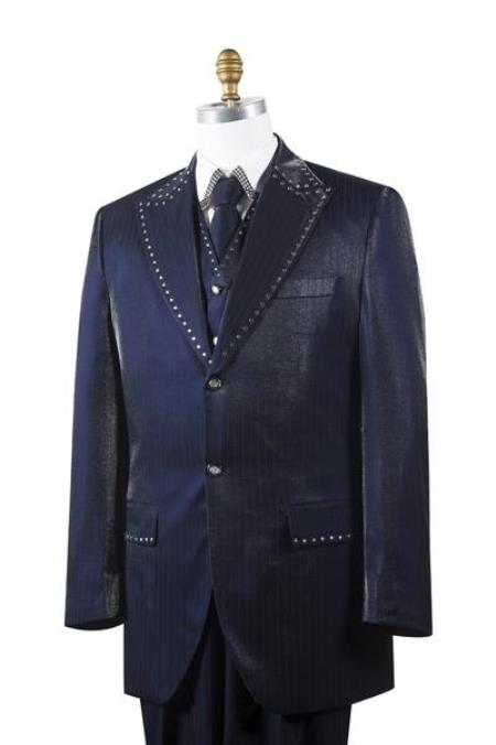 Men's Dark Navy Sharkskin Rhinestone 3 Piece Entertainer Suit