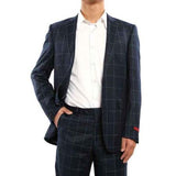 Black Plaid Pattern Suit For Men 2 Button Windowpane Italian Super 150's Fabric Suit Side Vented - 100% Percent Wool Fabric Suit - Worsted Wool Business Suit