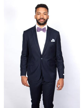 Men's Navy Blue Rossiman Rossi Slim Fit Peak Lapel Suit