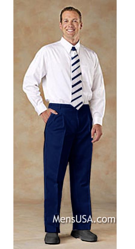 Mens Pleated Pants / Slacks Plus White Shirt & Matching Tie Navy Blue unhemmed unfinished bottom