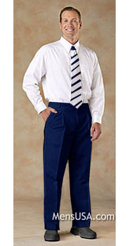 Mens Pleated Pants / Slacks Plus White Shirt & Matching Tie Navy Blue unhemmed unfinished bottom