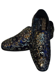 Men'S Gold Silver Embroidered Slip On Style Fancy Velvet Dress Glitter ~ Sparkly Shoes Black Sequin Shiny Flashy Look