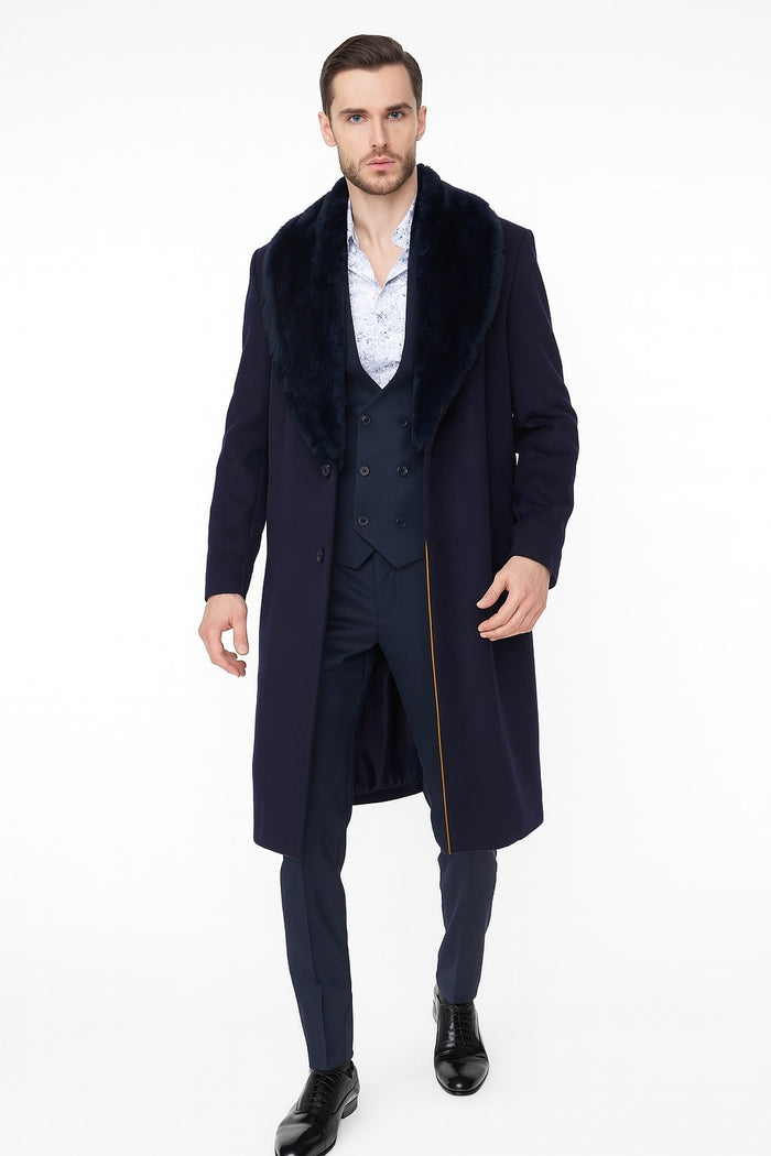 Mens Navy Blue Overcoat with Faux Fur Collar – Luxury Long Winter Coat for Formal and Casual Wear Topcoat