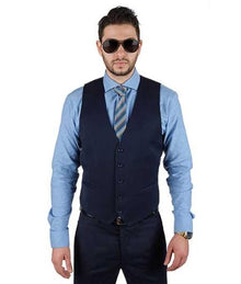Men's Fashionable Matching 5 Button Vest + Pleated Or Flat Front Pants Slacks Dark Navy Blue Suit For Men