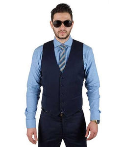 Men's Fashionable Matching 5 Button Vest + Pleated Or Flat Front Pants Slacks Dark Navy Blue Suit For Men