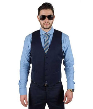 Men's Fashionable Matching 5 Button Vest + Pleated Or Flat Front Pants Slacks Dark Navy Blue Suit For Men