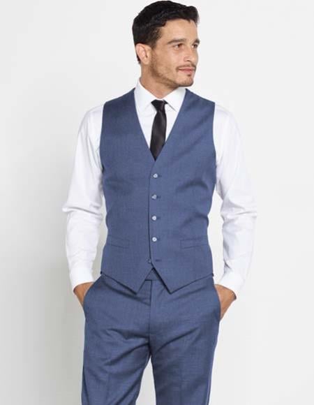 blue dress pants and vest Men's Linen-Look Denim Blue Suit Vest, 60 Standard