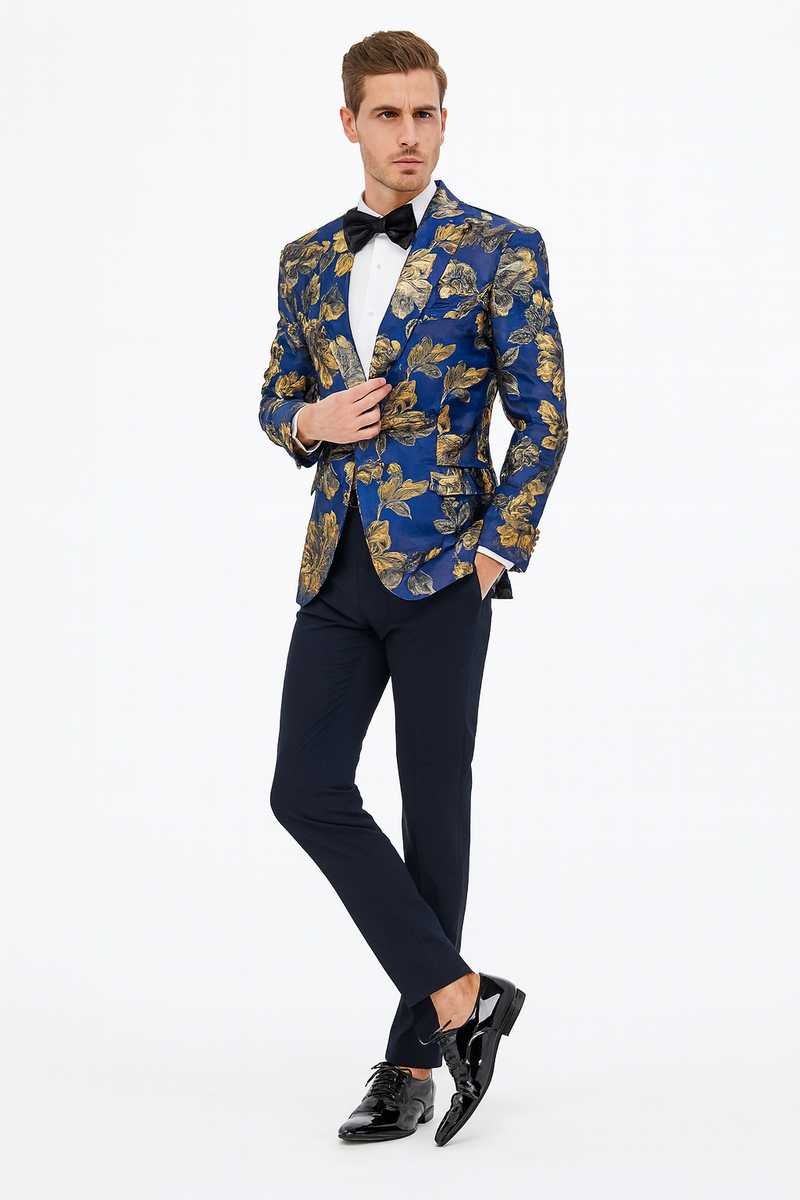 black formal dress for pregnant women Mens Navy Blue and Gold Floral Tuxedo Jacket – Luxury Slim Fit Blazer —  MensUSA