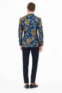Mens Navy Blue and Gold Floral Tuxedo Jacket – Luxury Slim Fit Blazer with Gold Pattern Paisley Pattern Matching Bowtie